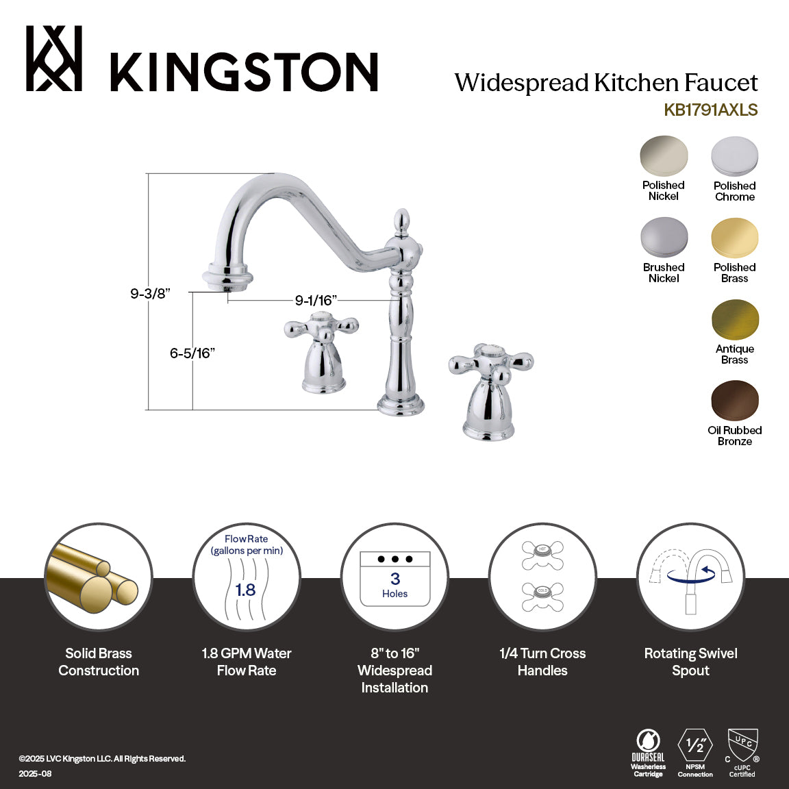 Kingston Heirloom KB1795AXLS - Heritage Double-Handle 3-Hole Widespread Kitchen Faucet, Oil Rubbed Bronze — thumbnail 2